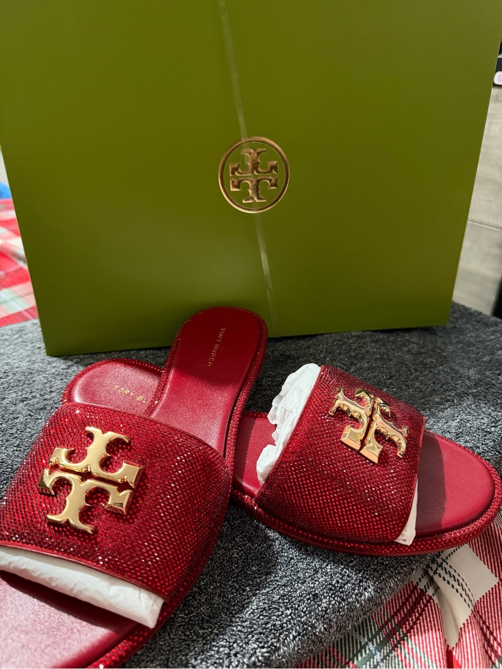 Tory Burch Red Crystal Logo Slide Sandals with Gold Hardware